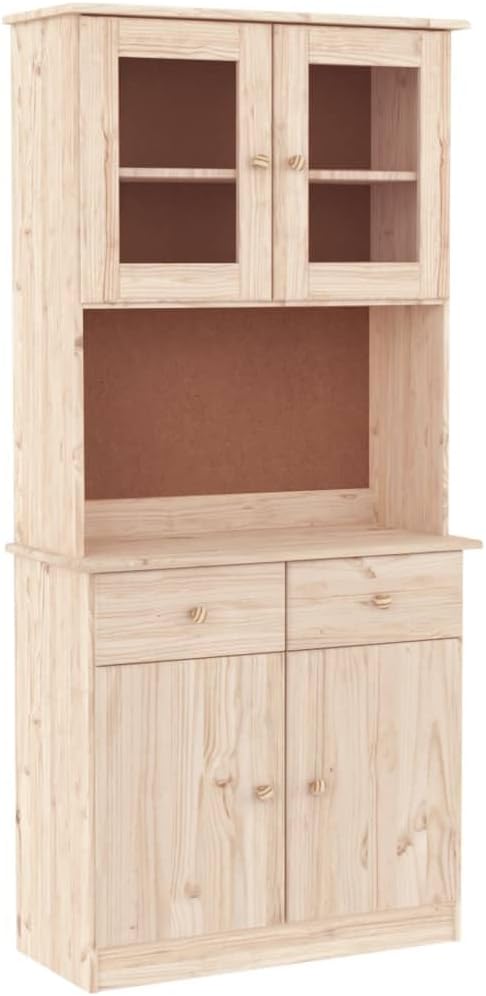 vidaXL Highboard, Kommode mit Schubladen Glastüren, Buffetschrank Vitrinenschrank, Schrank Beistellschrank für Küche Wohnzimmer, Massivholz Kiefer