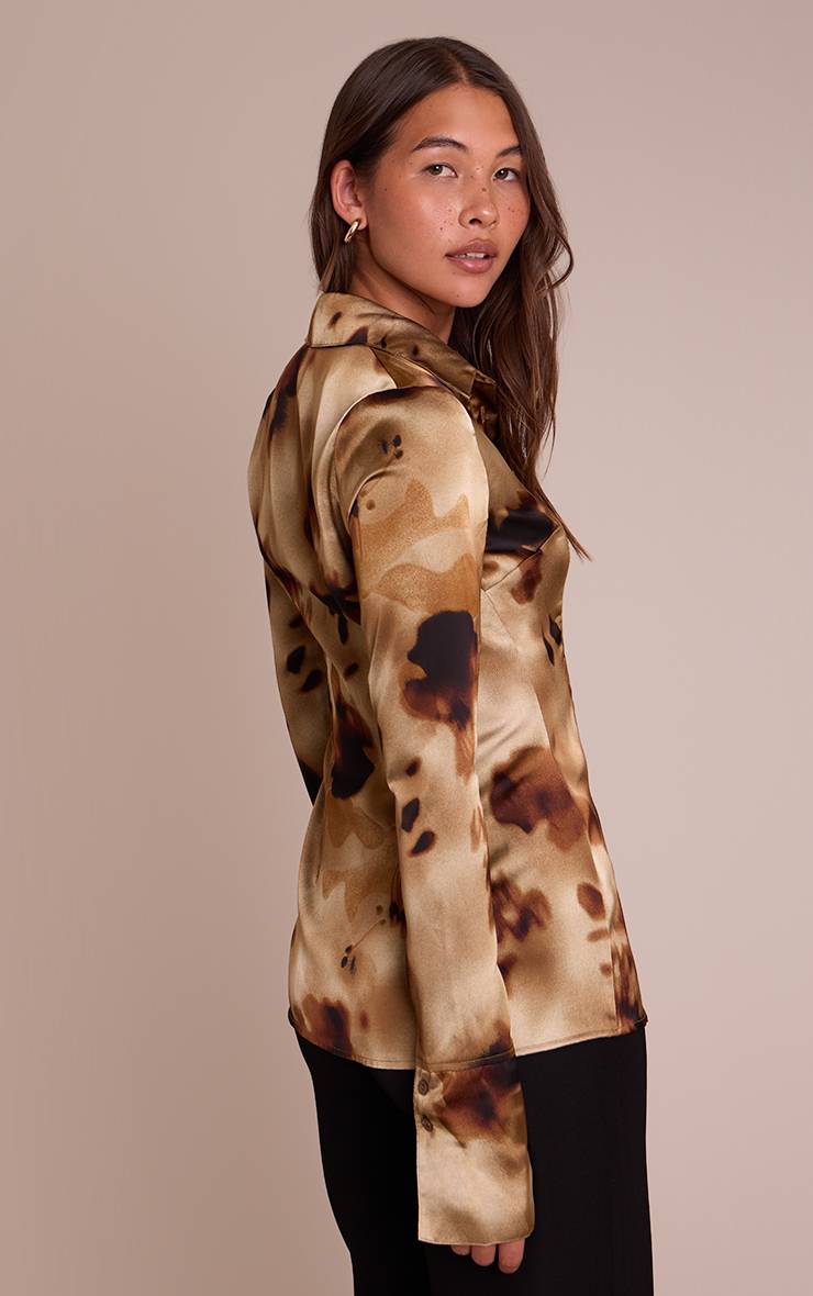 Marron Chemise Ajustée En Satin À Imprimé Floral Abstrait