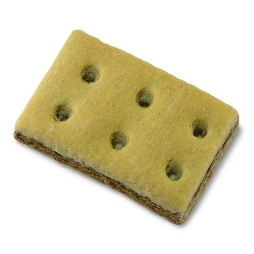 Biscoitos retangulares tipo sanduíche Arquivet para cães, sabor neutro.