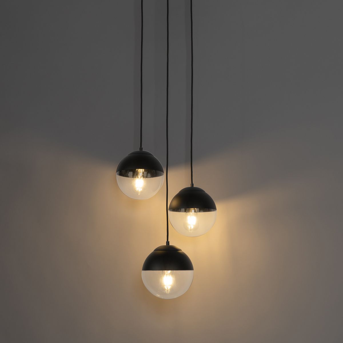 Retro hanglamp zwart met helder glas rond 3-lichts - Eclipse