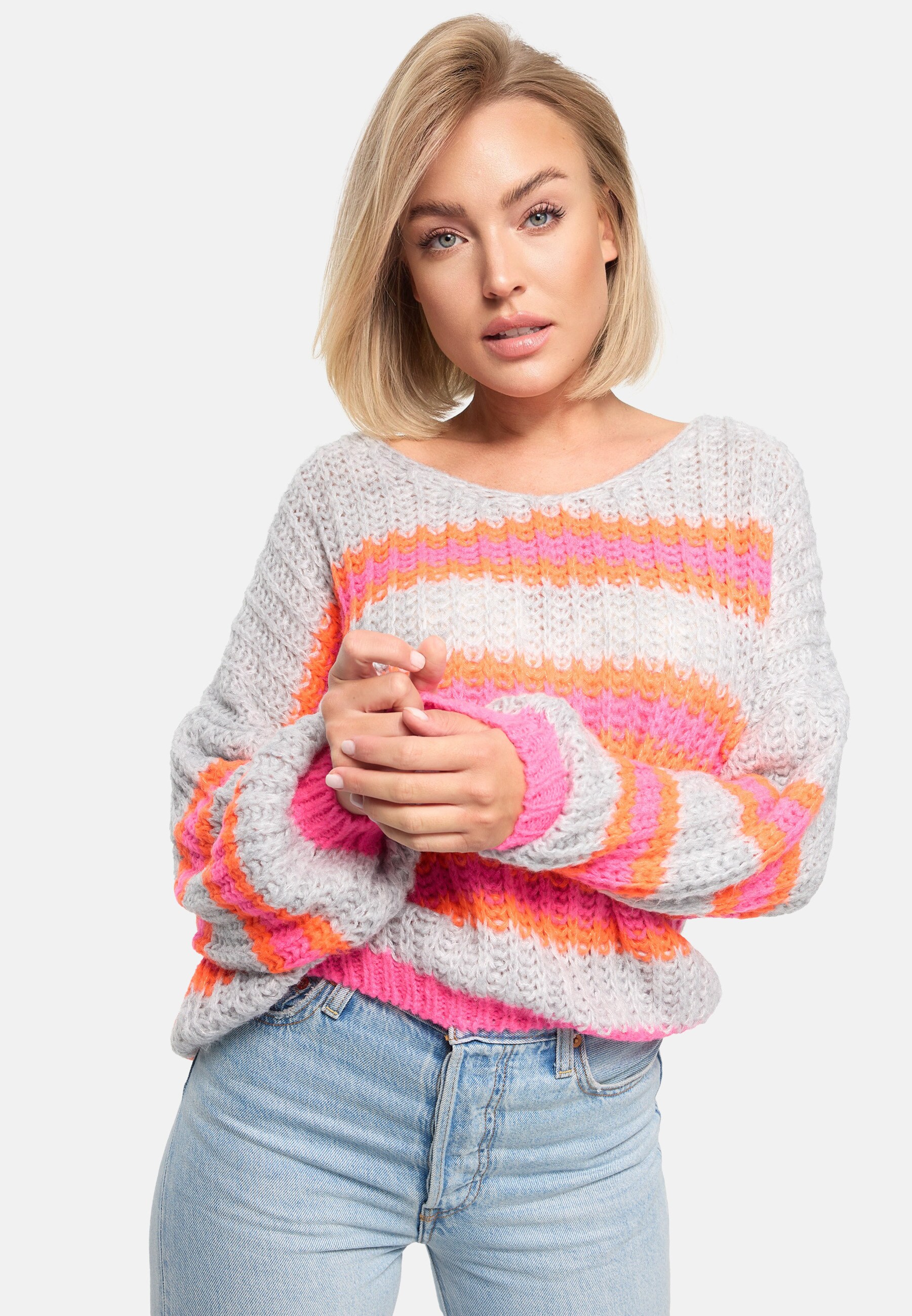 PM SELECTED Damen Strickpullover Kuscheliger Bunter Pullover Gestreifter Pulli in Einheitsgröße PM01