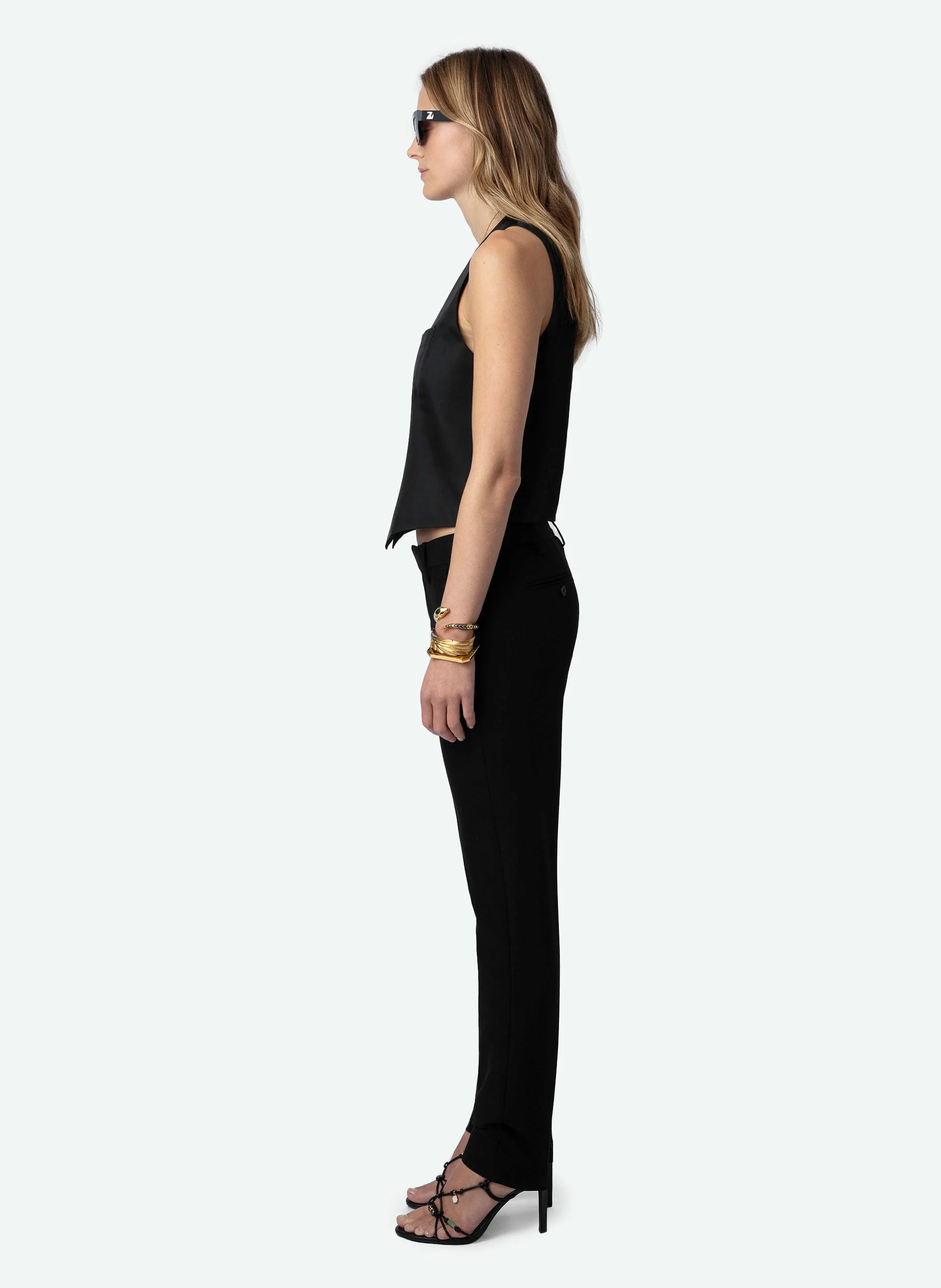 EMAUX - Gilet de costume col V en satin | Noir