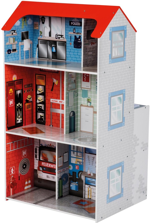 roba® Spielküche »2-in-1, Feuerwehr« mit mehrstöckigem Puppenhaus