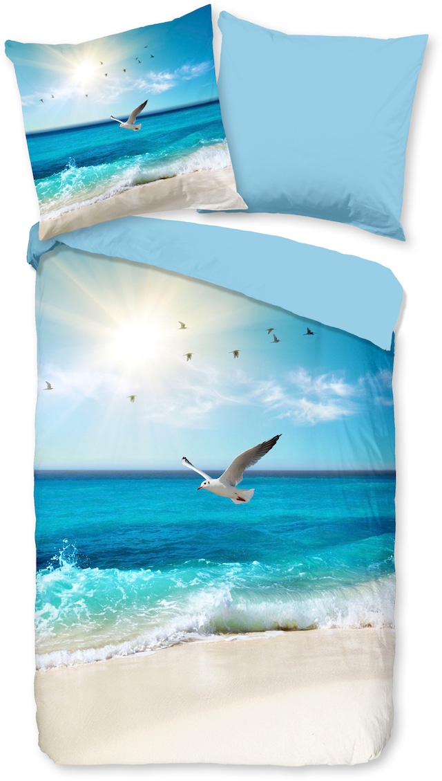 good morning Wendebettwäsche »Sealife« 2 Stk. tlg. 100% Baumwolle, 135x200, Reissverschluss, Wendeoptik, Strand Meer, Blau