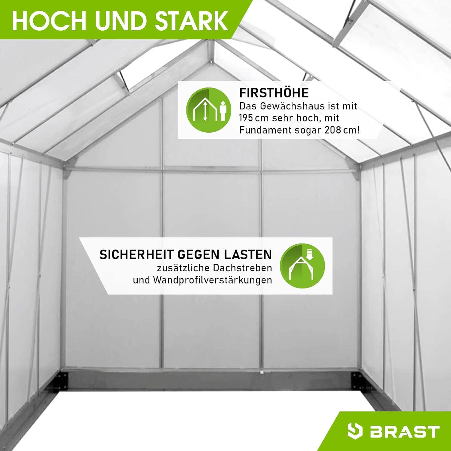 BRAST Gewächshaus Aluminium mit Fundament | 42 Modelle | 130x190x195cm - 490x250x235cm | TÜV geprüft | 6mm Hohlkammerplatten | rostfrei wetterfest temperaturbeständig | 250x190x195cm Silber