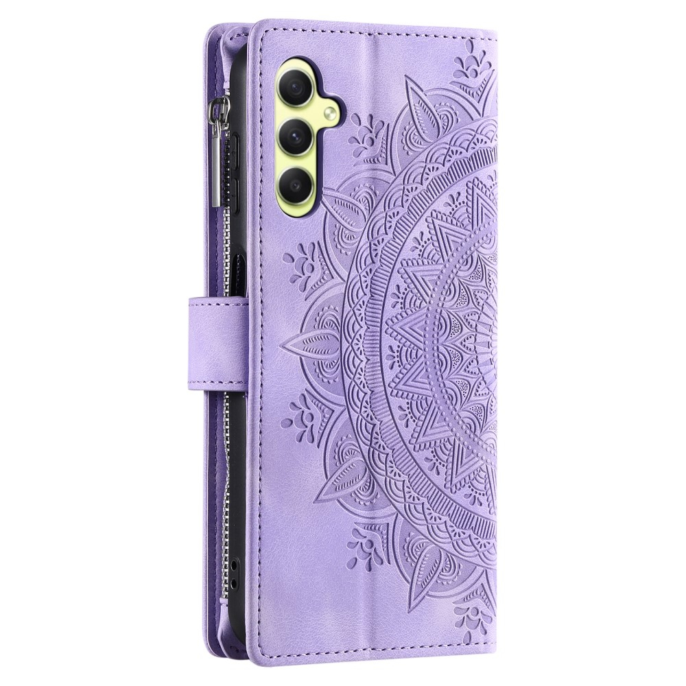 Samsung Galaxy A55 Leder Tasche Flip Cover mit Reissverschluss - Mandala Flowers Imprint - Lila