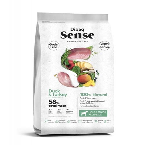 Ração para cães Dibaq Sense Grain Free Light and Senior com sabor de pato e peru