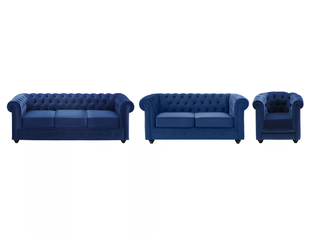 Canapés 3 places 2 places et un fauteuil CHESTERFIELD - Velours bleu roi