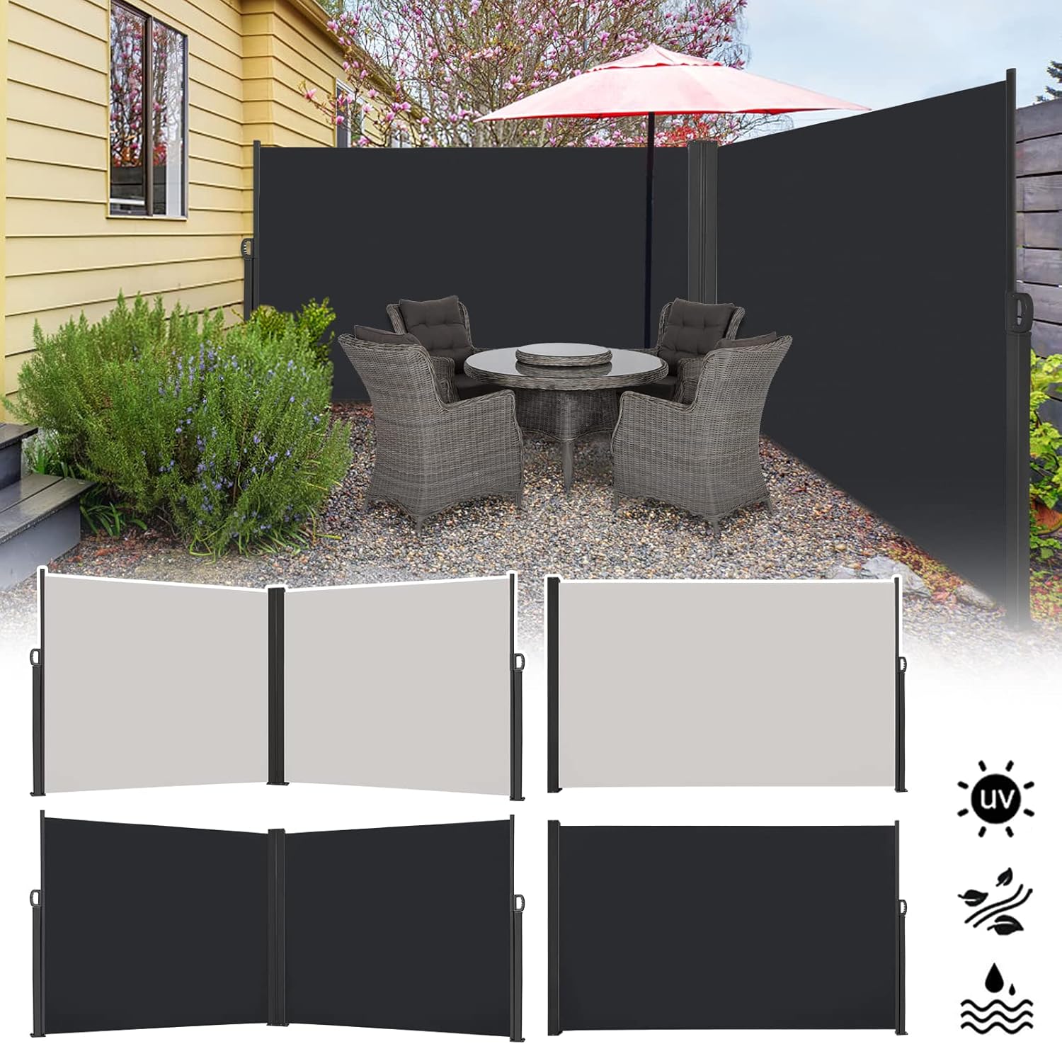 Seitenmarkise Doppel ausziehbar, Sichtschutz Balkon, Sonnenschutz UV-Beständig, Einstellbar Breite Windschutz Terrasse für Zaun Garten, 1,8 x 6m Dunkelgrau, (HAG8085B)-GW-Luk