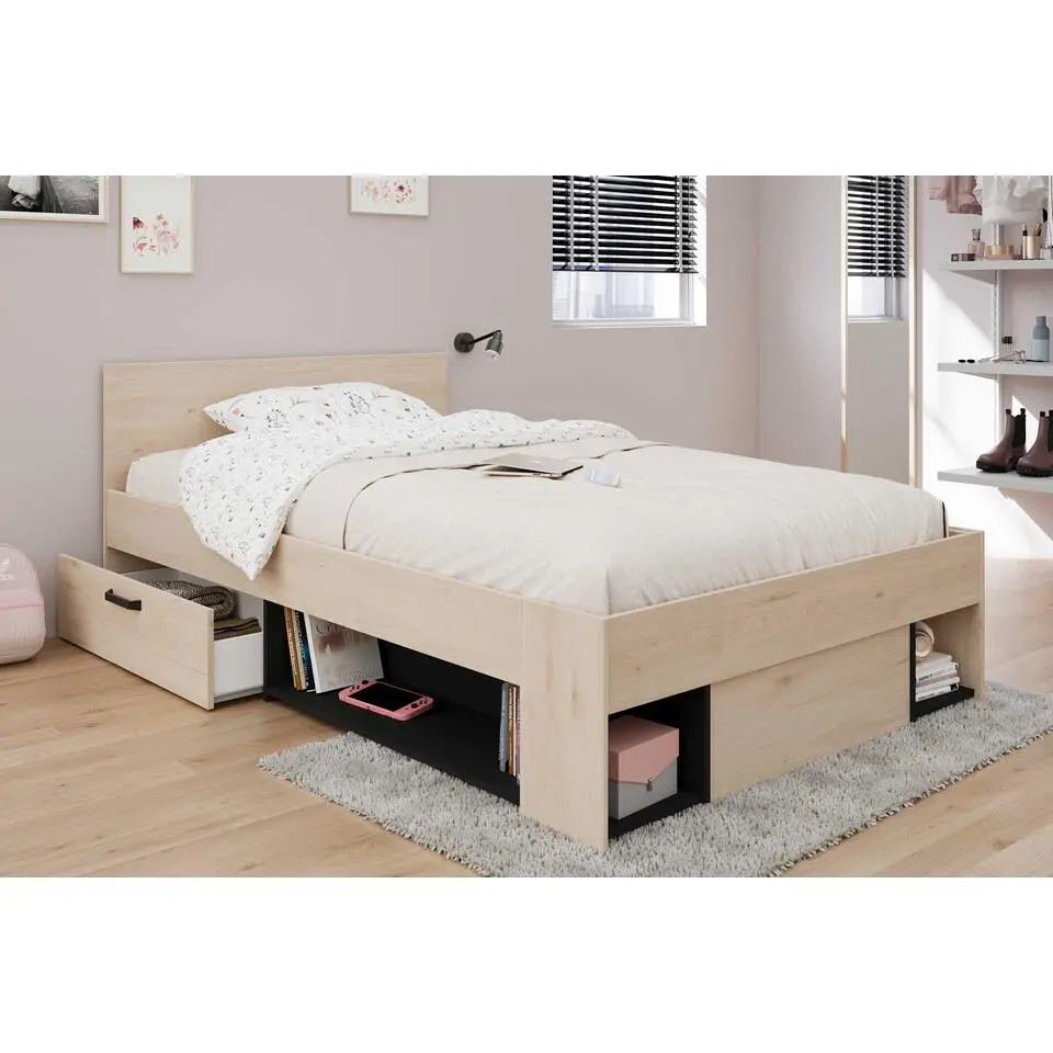 Kinderbed Achiel - 120x200/190cm - met opbergruimte - eikdecor/zwart