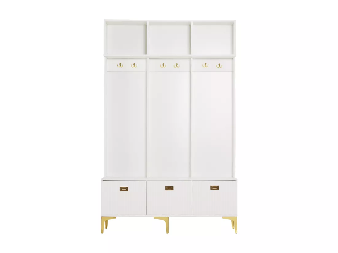 Vestiaire avec banc, 3 portes et porte-manteau - 120 x 23.5 x 191.5 - Panneau de particules - Coloris blanc