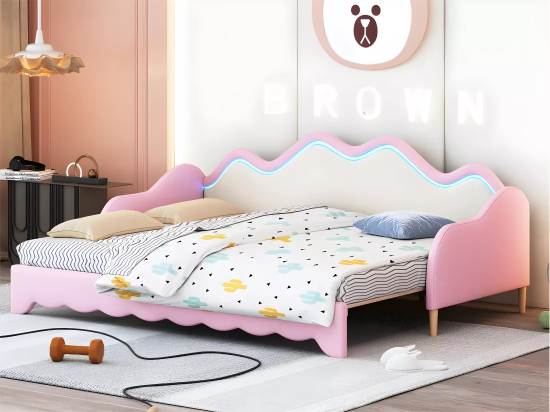 Lit gigogne tirable 90(180)x190 cm - en similicuir - avec éclairage LED et sommier à lattes - Rose