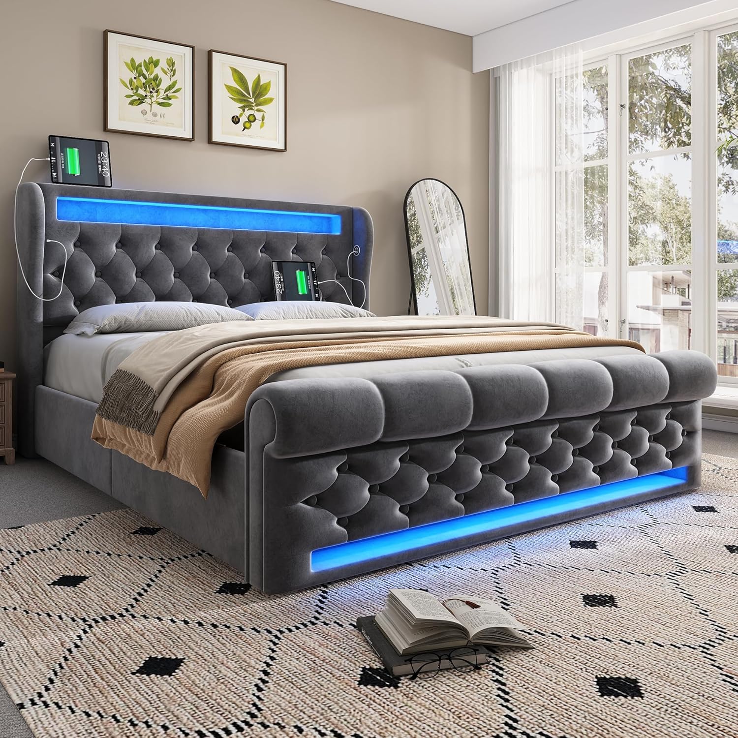 Polsterbett 140x200 cm, Doppelbett mit LED-Leuchten, Kopfteil mit USB- und Typ-C-Anschlüssen, Hydraulisches Stauraumbett, für Jugendliche und Erwachsene, Samt, Grau (Ohne Matratze) SK2623696