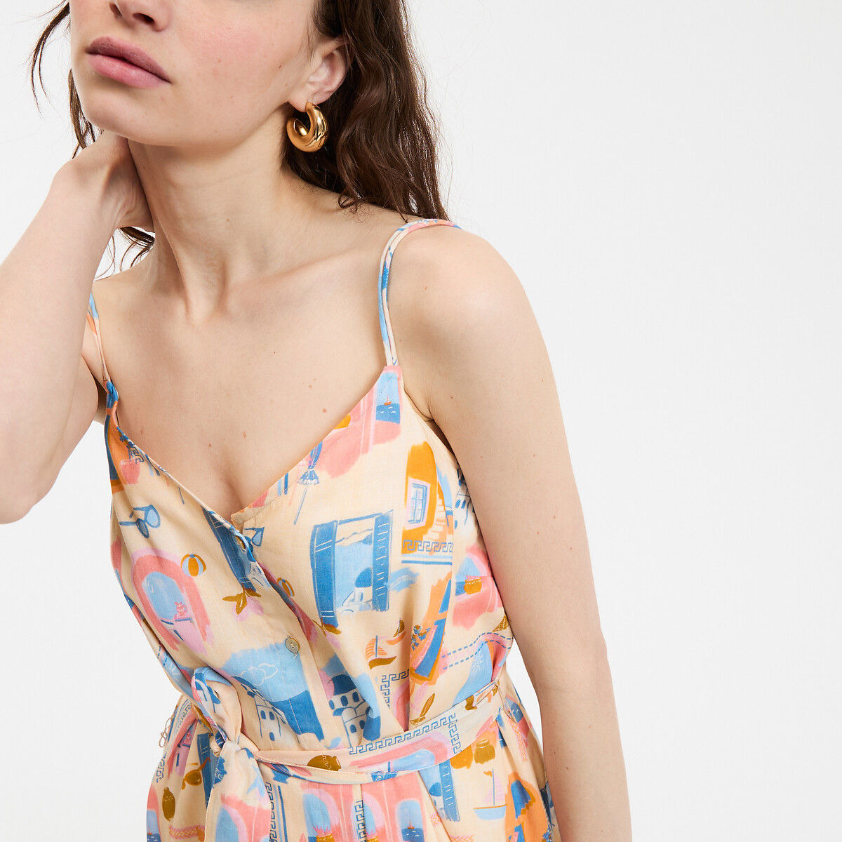 COLEÇÃO LA REDOUTE<br>Vestido maxi estampado com modelagem evasê e alças finas