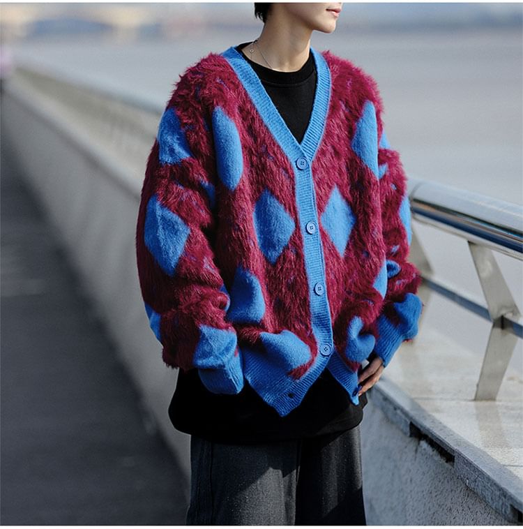 Whyessa - V-hals Argyle Fluffy Cardigan