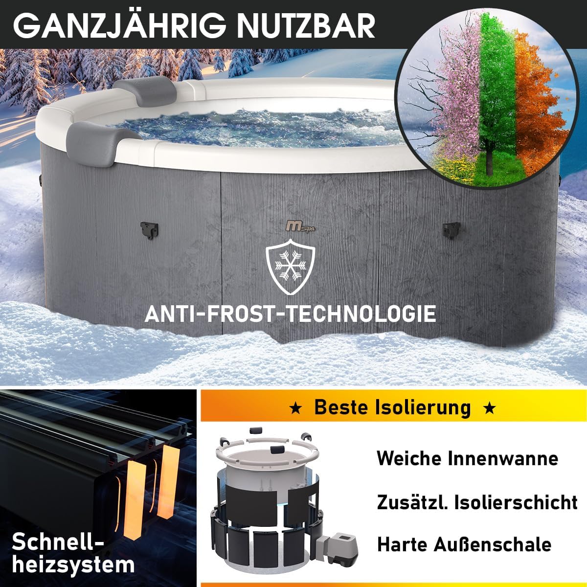 BRAST Whirlpool MSpa Denver & Rova mit Fester Außenwand | Ø182x70cm | LED-Beleuchtung mit 20 Farben für 6 Personen | 130 Massagedüsen | Ganzjähriger Einsatz Winterfest | In & Outdoor | Denver