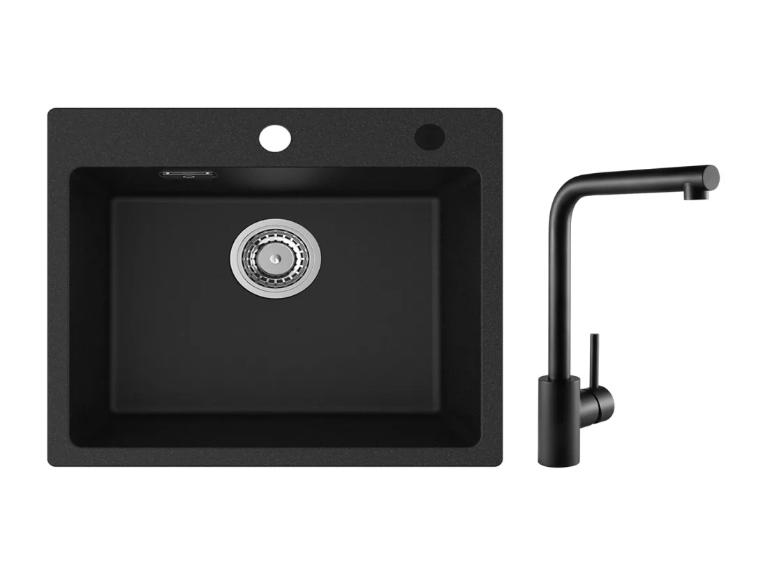 Cecipa MAX Evier 1 Bac 50x45cm Evier en Quartz et Résine Evier à Encastrer + Mitigeur de Evier Noir Rrotatif à 360 °