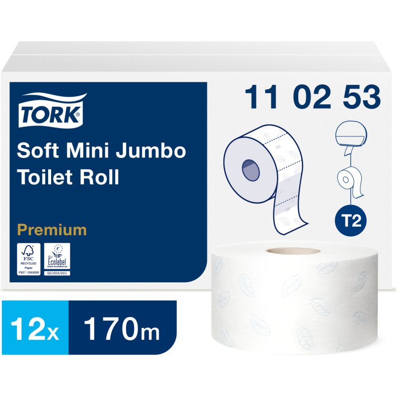 Papier toilette Mini Jumbo double épaisseur Tork T2 Premium - 12 rouleaux de 170 m