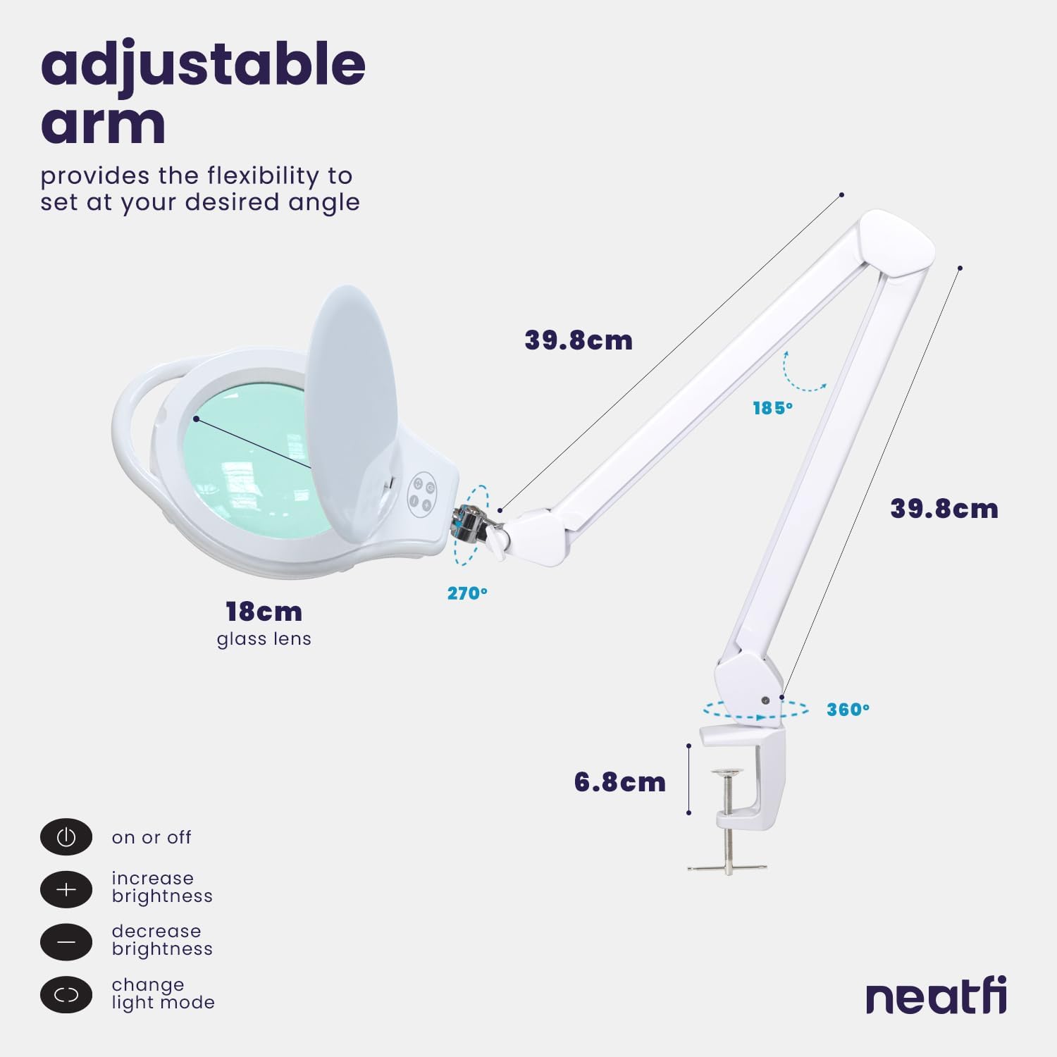 Neatfi Elite XL HD Super LED-Lupenleuchte, 3 Dioptrien mit 12 Dioptrien, dimmbar, 3 Lichtmodi (3000K/4000K/6500K), blendfrei, Verstellbarer Arm (Weiß, 18 cm Glaslinse)