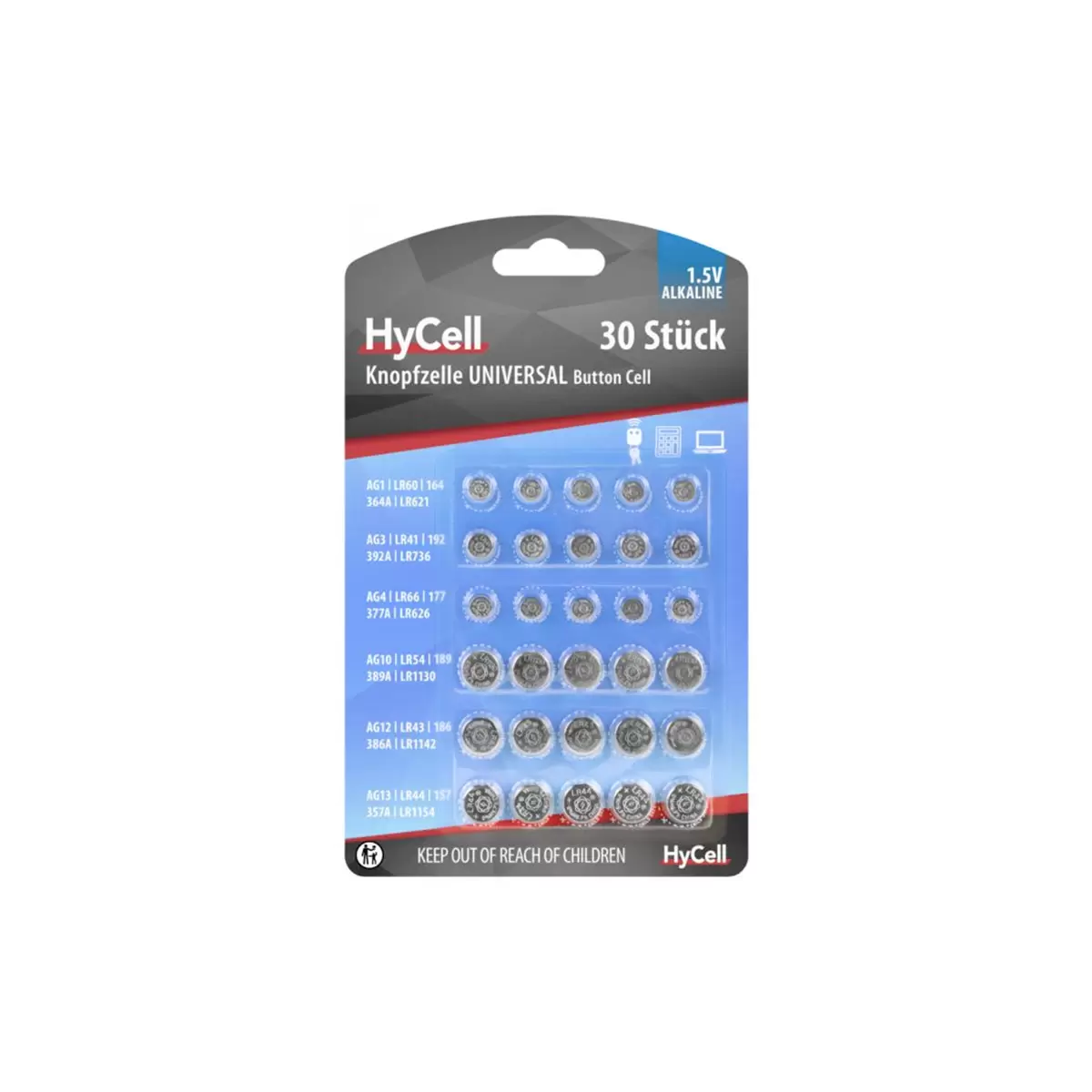 Knopfzellen Mix Set 30-tlg HyCell Alkaline-Knopfzellenset Silber