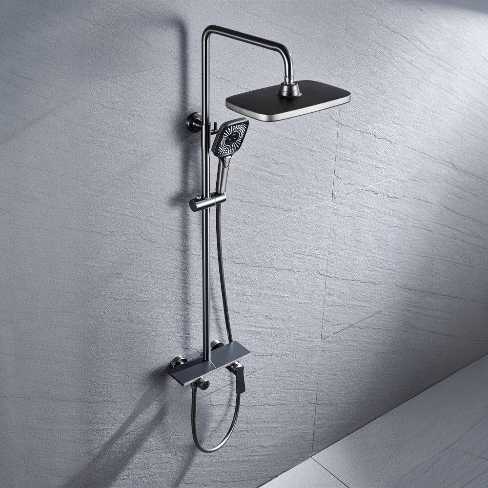 Home Deluxe - Douchekraan met planchet - ICONIC - Kleur: Zwarte marmerlook - Hoogte: 120 cm, incl. handdouche | Design douchekop regendouche