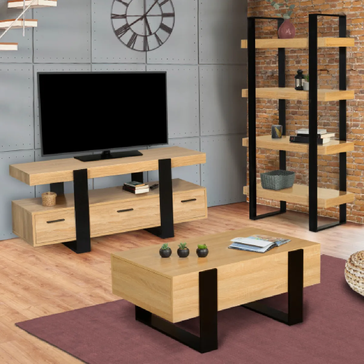 Idmarket MARKET Meuble TV PHOENIX - Bois et Noir