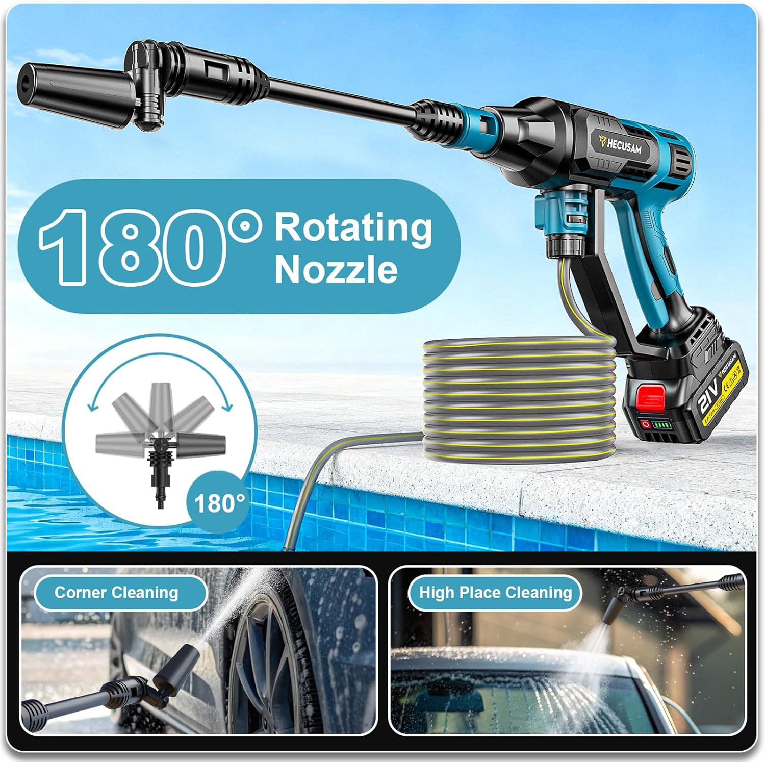Akku Hochdruckreiniger,3000W Bürstenloser Motor 4-Gang-Modus Max 125Bar,Druckreiniger Mobiler mit 2x4.0Ah Batterien,6-in-1und 180° Drehbare Düse,Schaumsprüher, Reinigungsbürste,Reinigung Bewässerung