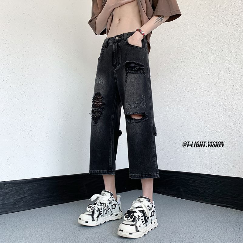 Giuliana - Mid Waist Washed Distressed Denim Shorts / Capri Straight Leg Jeans