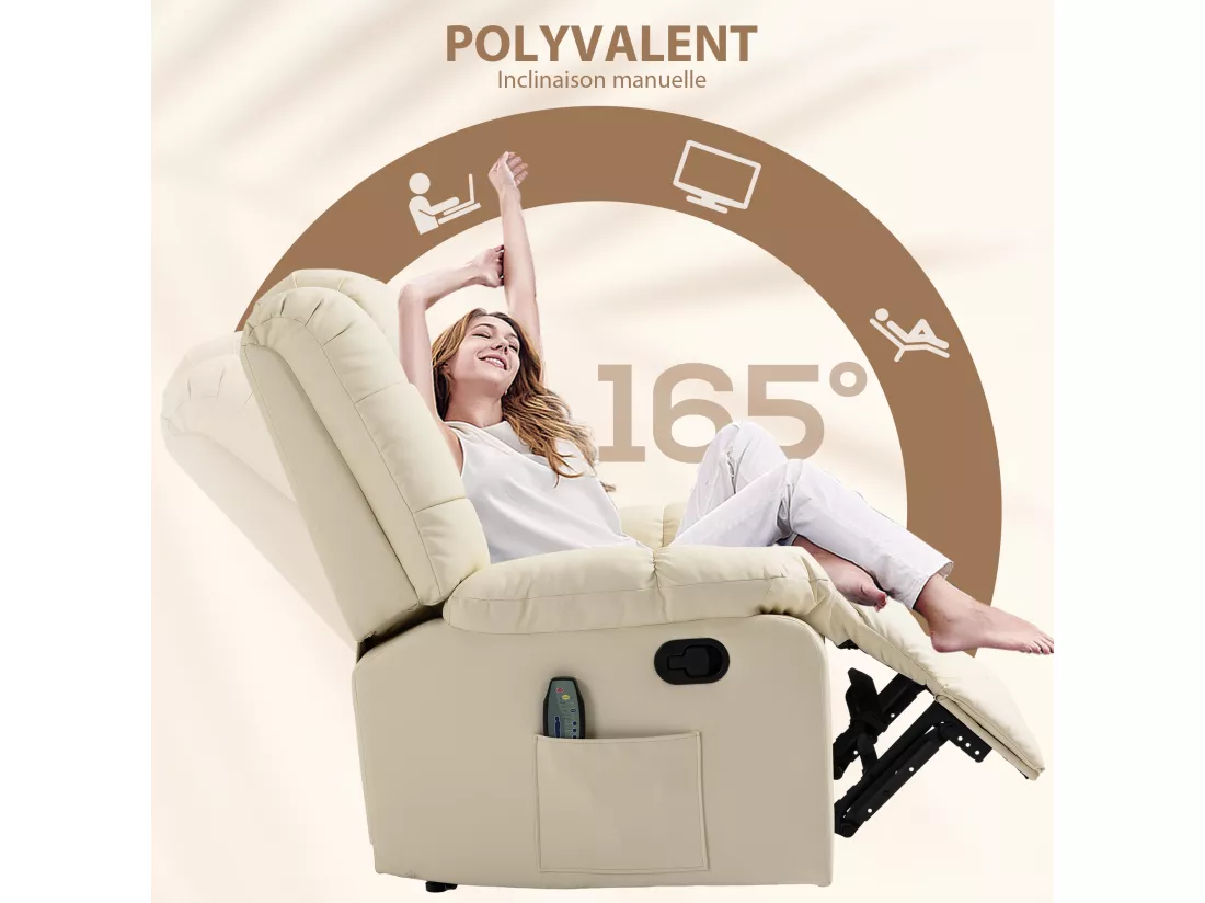 Fauteuil luxe de relaxation et massage inclinaison dossier repose-pied réglable revêtement synthétique crème