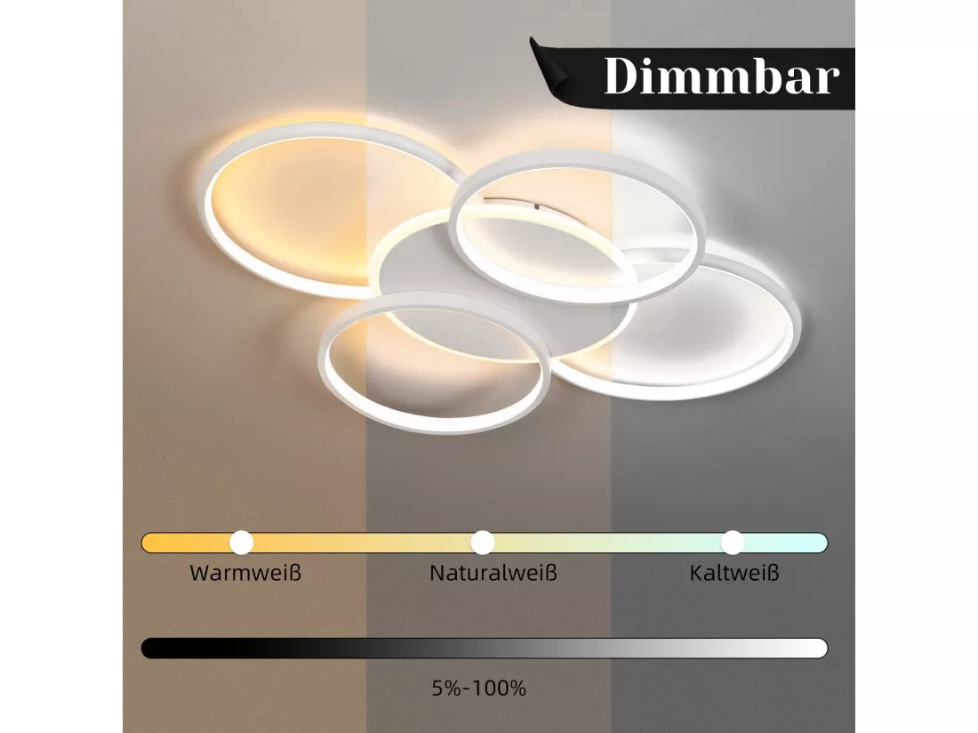 NETTLIFE Plafonnier LED Salon Dimmable 70W avec télécommande 5 anneaux Blanc Moderne Acrylique Dimmable