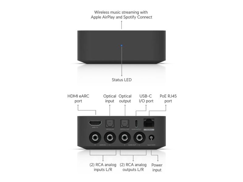 Ubiquiti PoE Audio Port Schwarz Ein digitaler Audiostreamer mit ultrakompaktem, vielseitigem Design und einem intuitiven Steuerungssystem, das mehrere Musik-Streaming-Dienste und skalierbare Mehrzonen-Installationen unterstützt