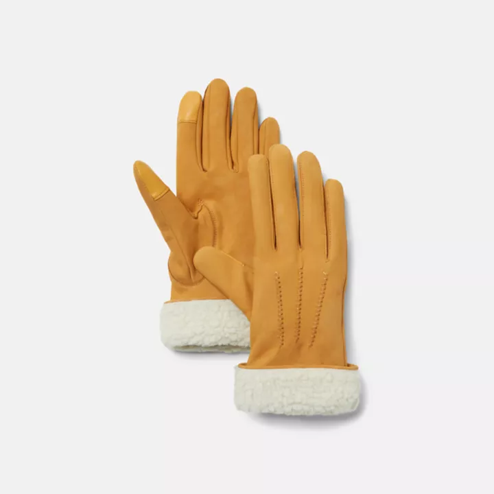 Gants en cuir avec revers en polaire pour femme en jaune