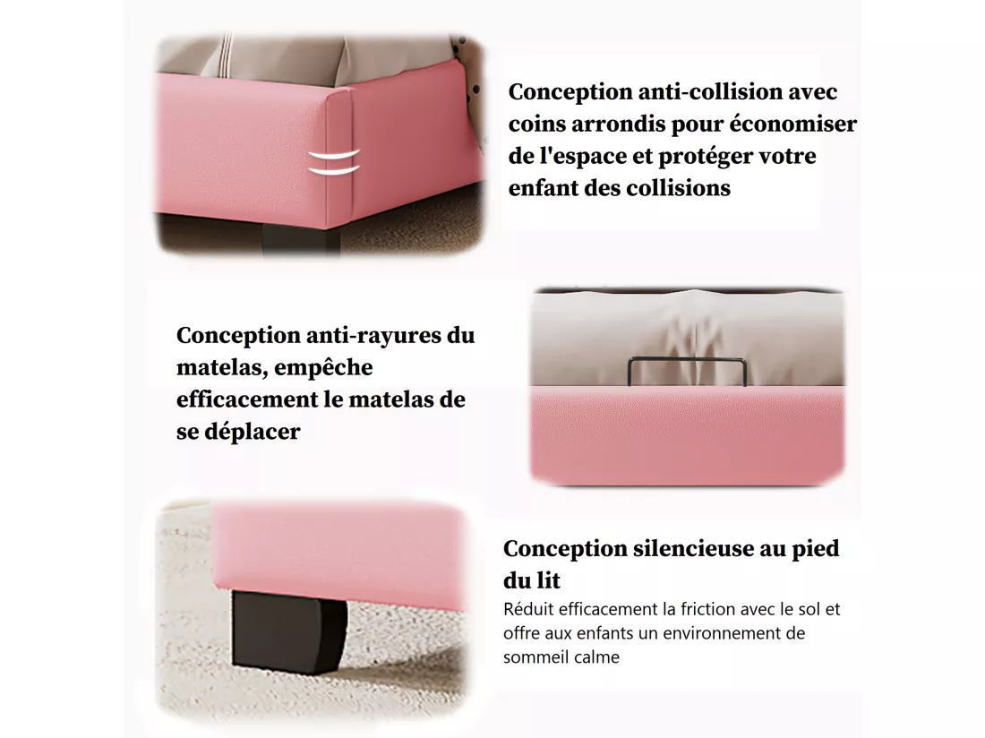 Lit avec tête de lit en forme couronne 90 x 200 cm - cuir PU - pour enfant - coloris rose