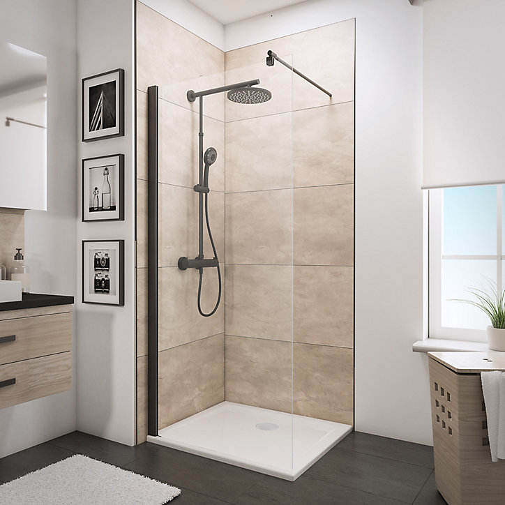 Paroi de douche à l'italienne, 100 x 190 cm, Schulte NewStyle, Walk In, verre transparent anticalcaire, profilé noir