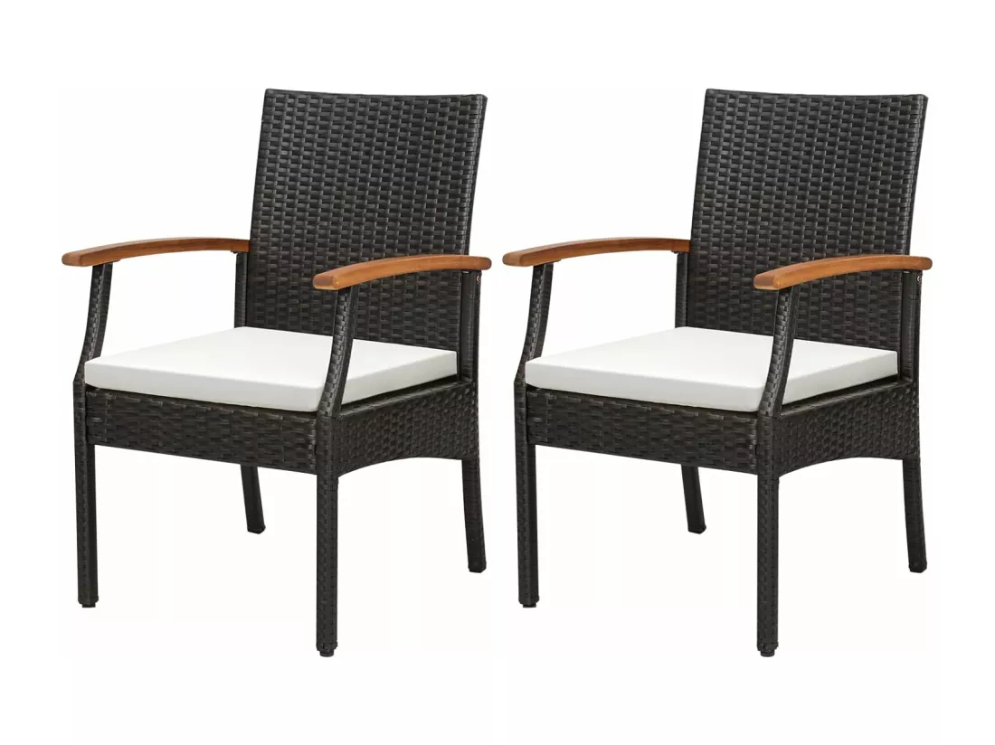 Fauteuil de Jardin Éxterieur Lot de 2 avec Coussins, Chaise Jardin Exterieur en Rotin et fibre naturelle PE avec Accoudoirs en Bois, Hauteur d'Assise 40 cm, pour Salon de Jardin, Terrasse, Patio