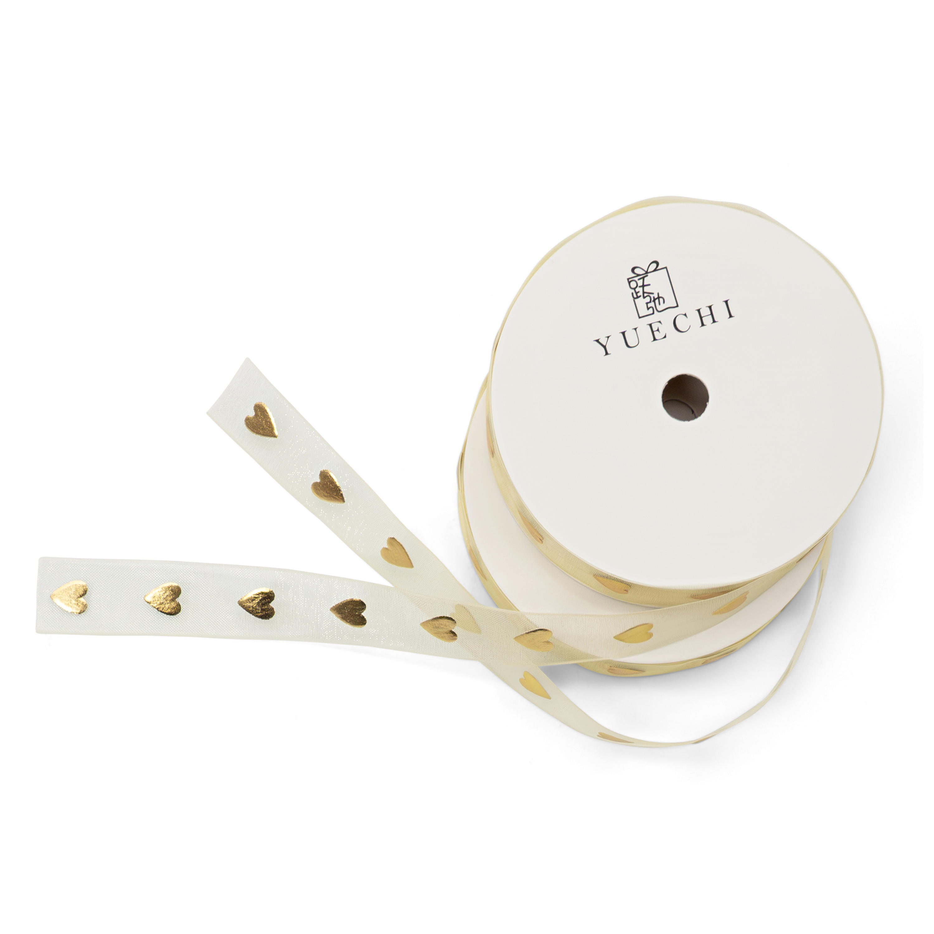 (2er Set) 1.5cmx9m Geschenkband Organza Deko Band mit Herz Print - Gold