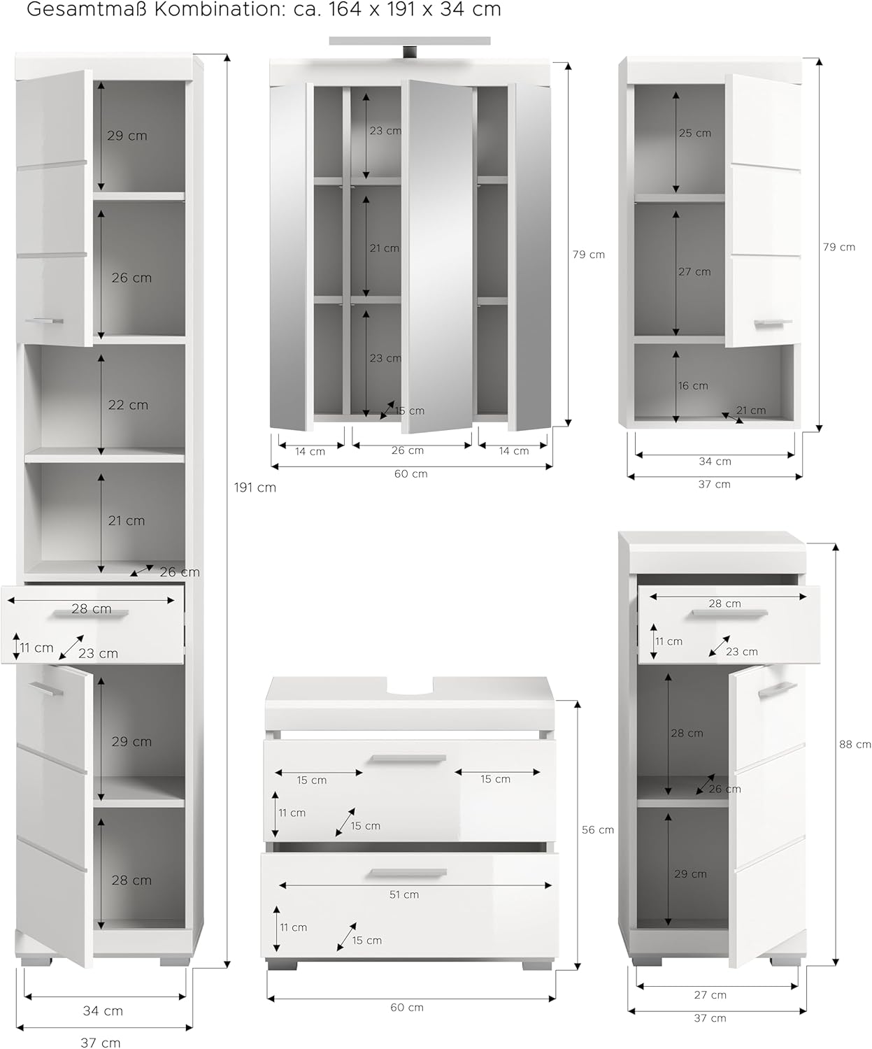xonox.home Bad Scout X06A9B25 Badkombination Badmöbelset Badset in weiß Nachbildung und weiß Hochglanz tiefzieh, ca. B/H/T: 164x191x34 cm