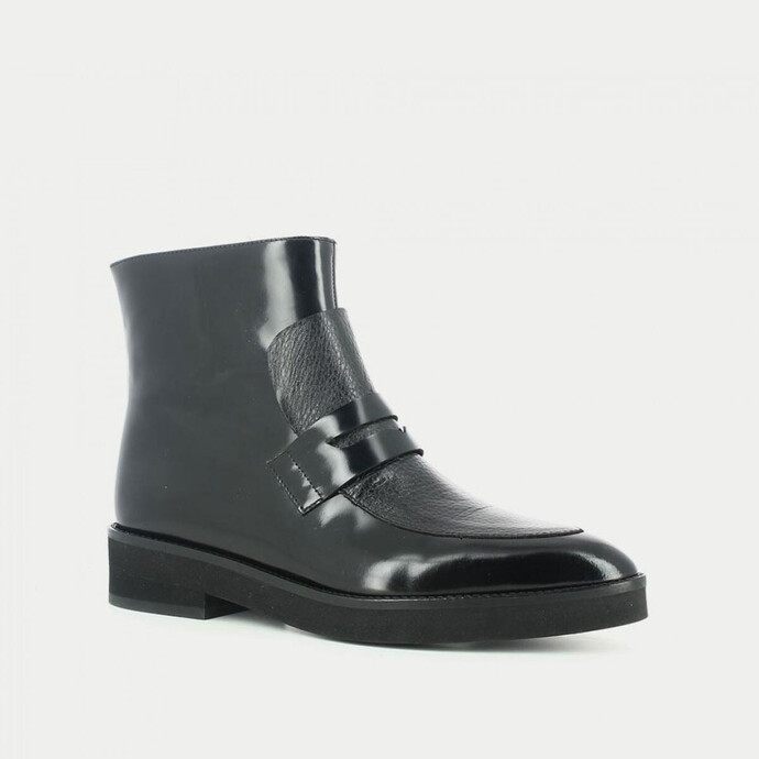 Mocaboots bi-matières  en cuir grainé noir