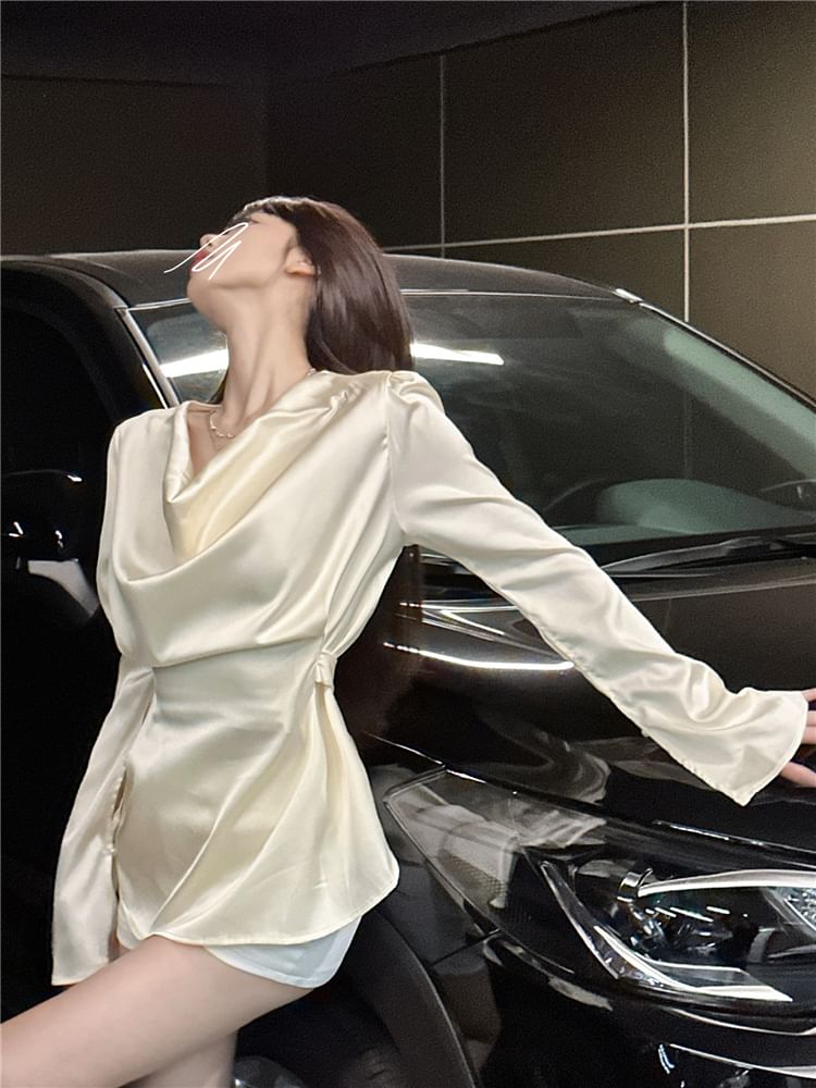Ukiyo - Blouse met lange mouwen, col en satijnen strikceintuur