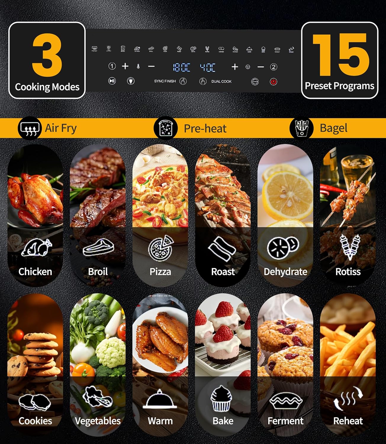 23L Heißluftfritteuse Minibackofen Air fryer, Emphsism Dual Zone Heissluftfritteuse XXL Oven 1800W mit LED-Touchscreen 15 Programmen, mit Rezeptbuch, 11 Zubehöre