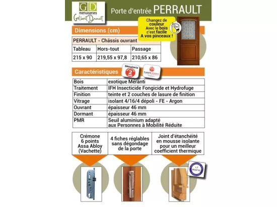 Porte D'Entrée Bois Vitrée, Perault, H,215Xl,90 P,Gauche Côtes Tableau