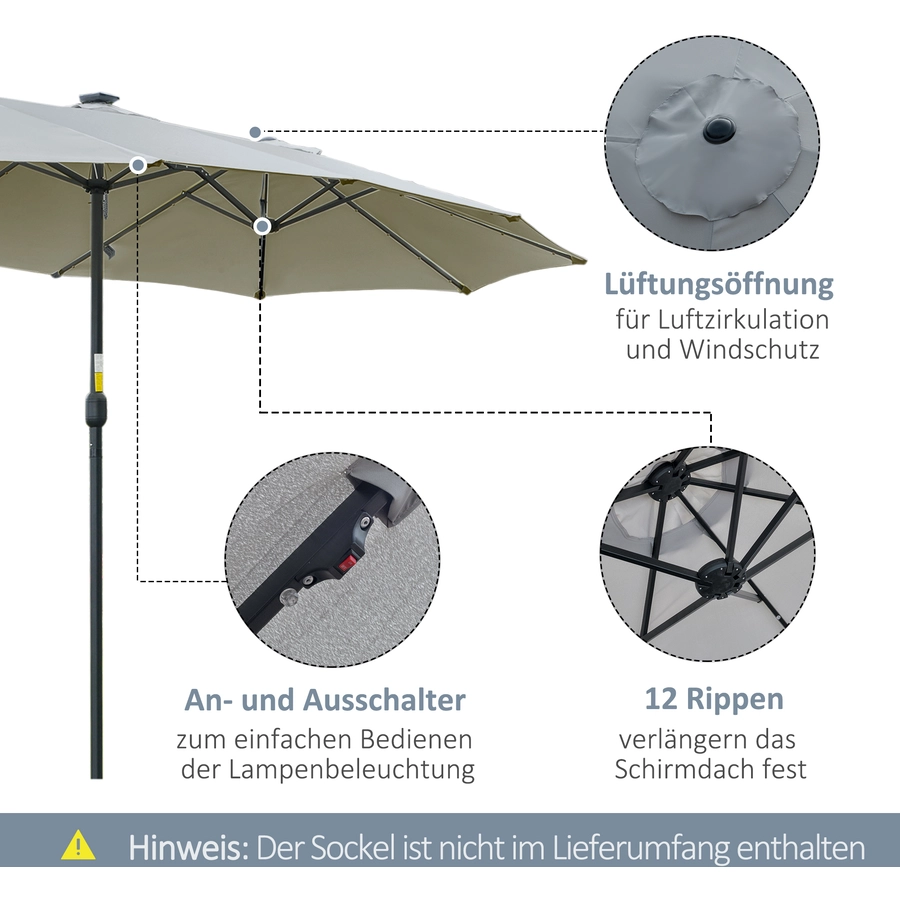 Outsunny Sonnenschirm mit Solar-LED-Leuchte hellgrau