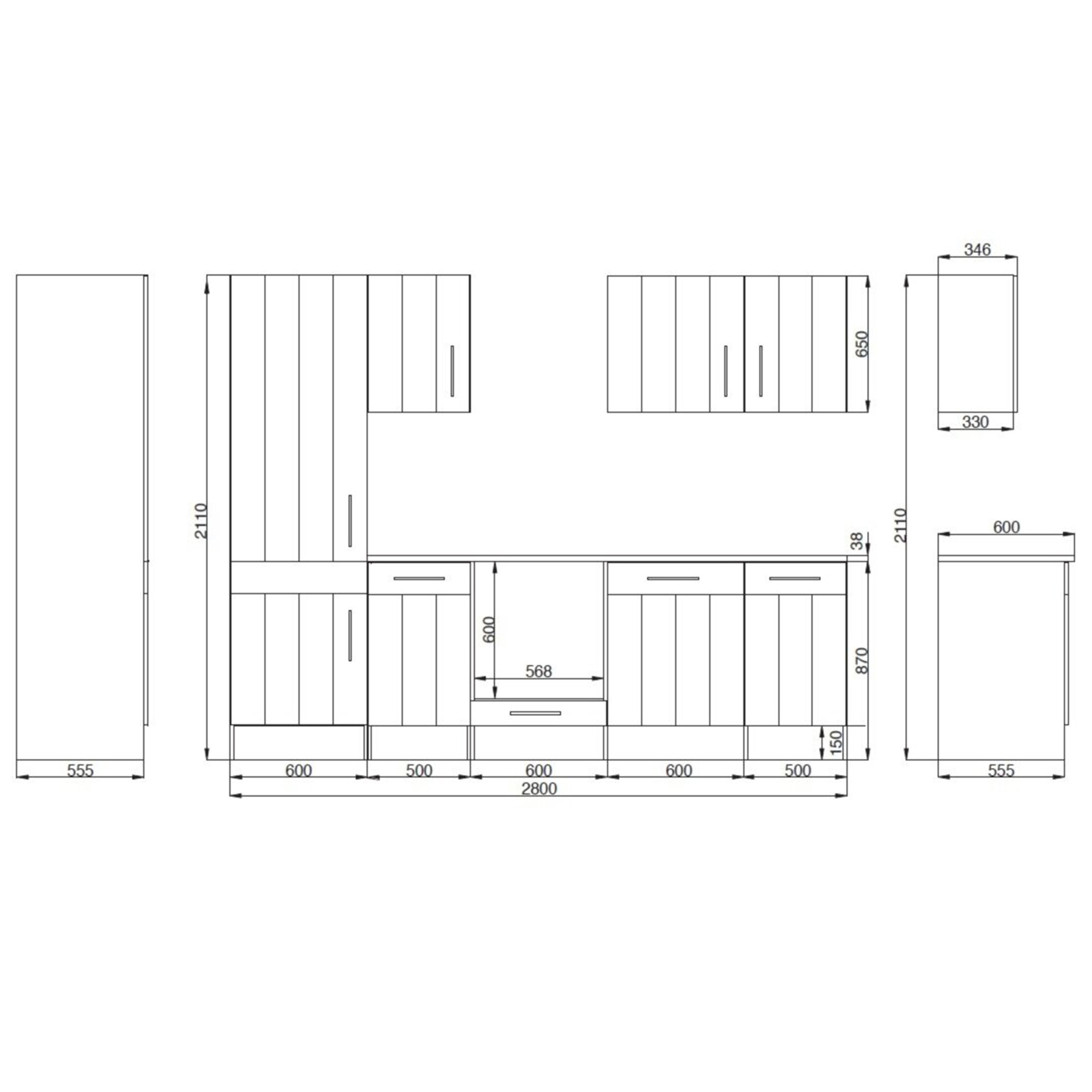 RESPEKTA Küchenblock - Lärche weiß - mit E-Geräten - 280 cm