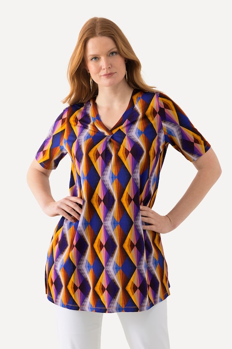 Slinkyshirt, Zierfalte, A-Linie, V-Ausschnitt, Halbarm