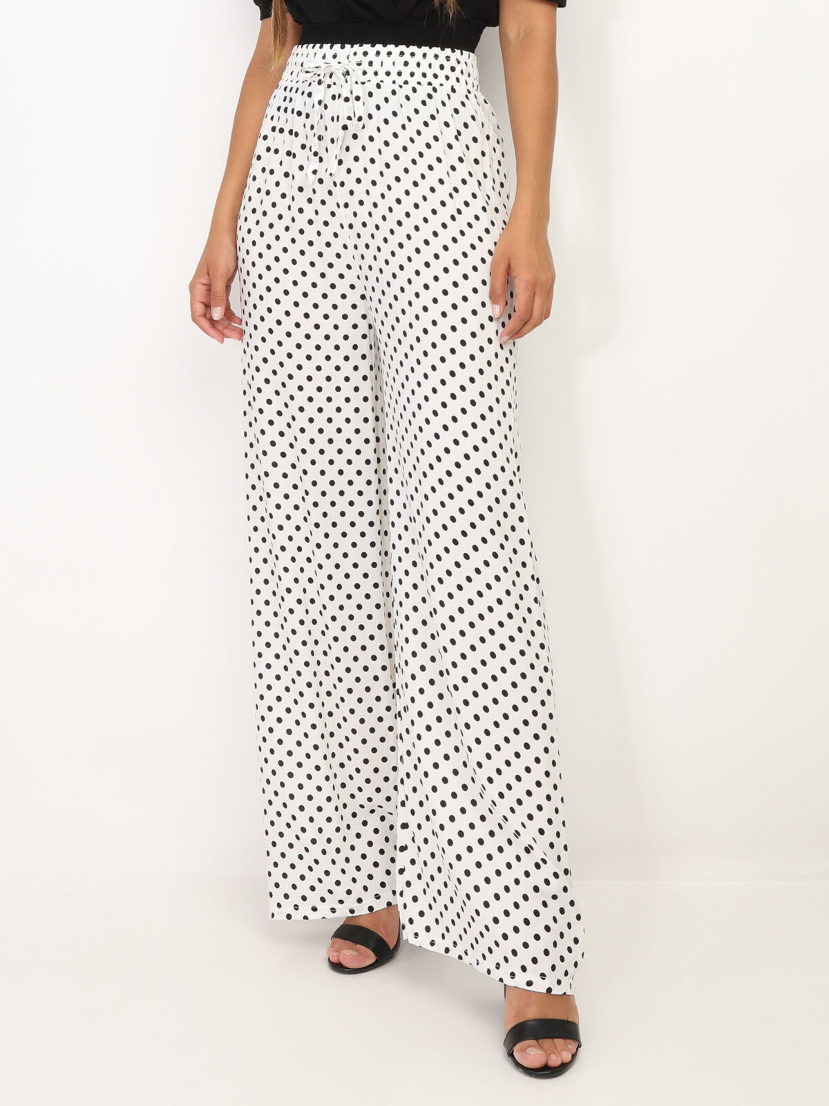 Pantalon ample à pois et liens- Blanc