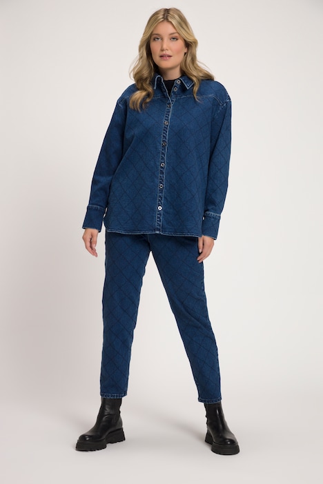 Jeansbluse, Diamant-Stepp, Oversized, Hemdkragen, Langarm