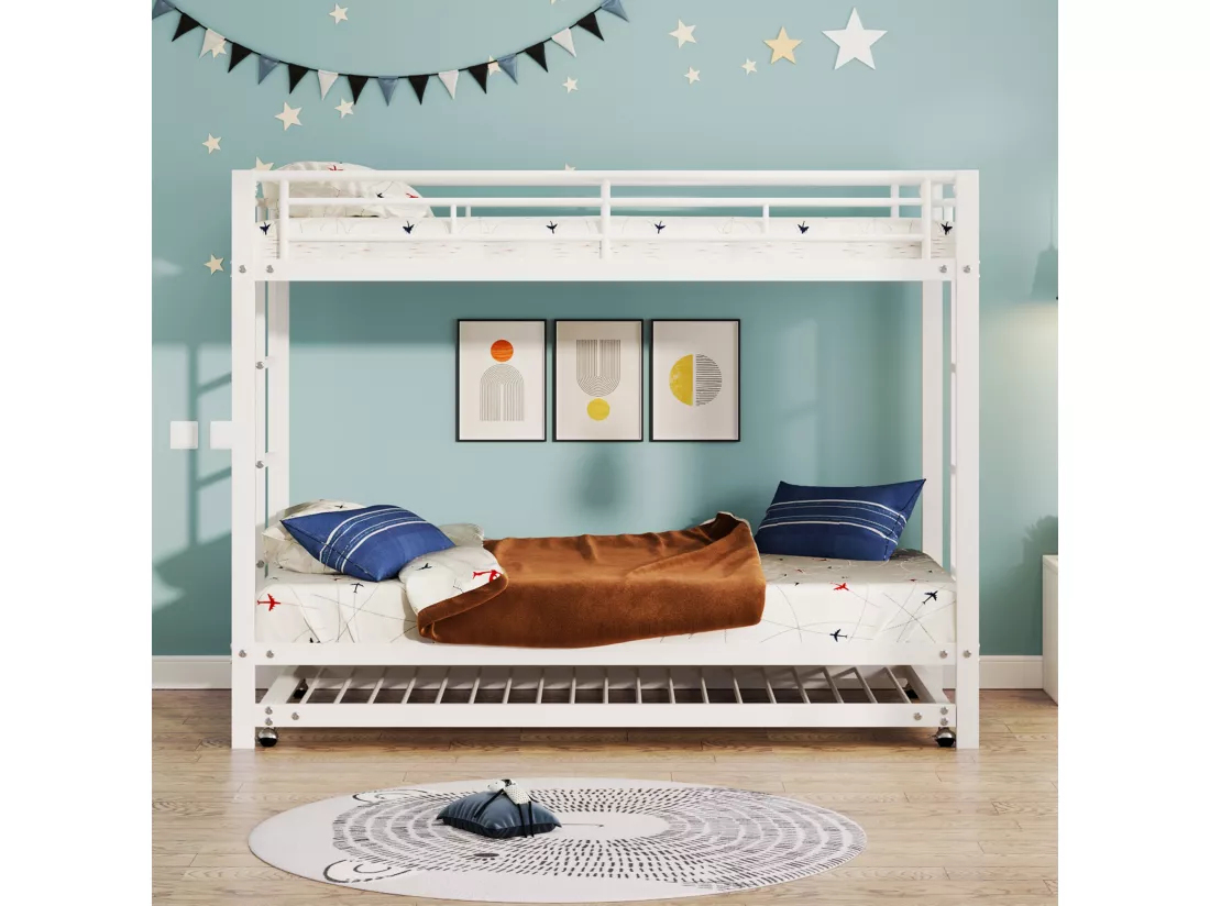 90*200 cm Lit superposé, lit en fer, lit pour enfant, équipé d'un lit escamotable, garde-corps hauts, structure robuste, blanc