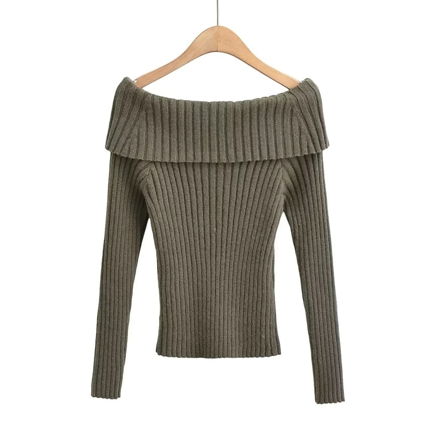 Asiris - Lange mouwen off-shoulder effen geribbelde trui