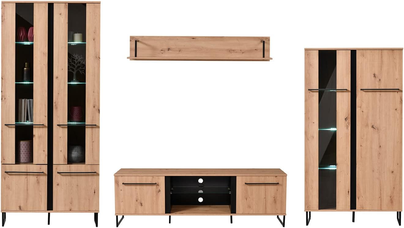 Homestyle4u 2213 Wohnwand 4-teilig Komplett-Set Schrankwand Holz Eiche Wohnzimmer Anbauwand Modern Industrial Style