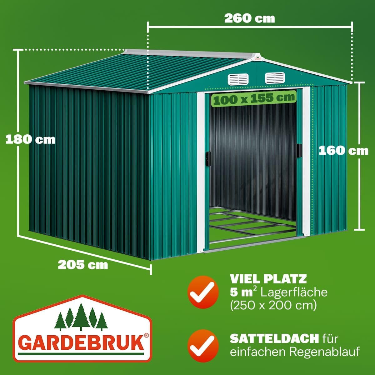GARDEBRUK® XXL Metall Gerätehaus 5m² mit Fundament 260x205x180cm Schiebetür Grün Geräteschuppen Gartenhaus 9m³